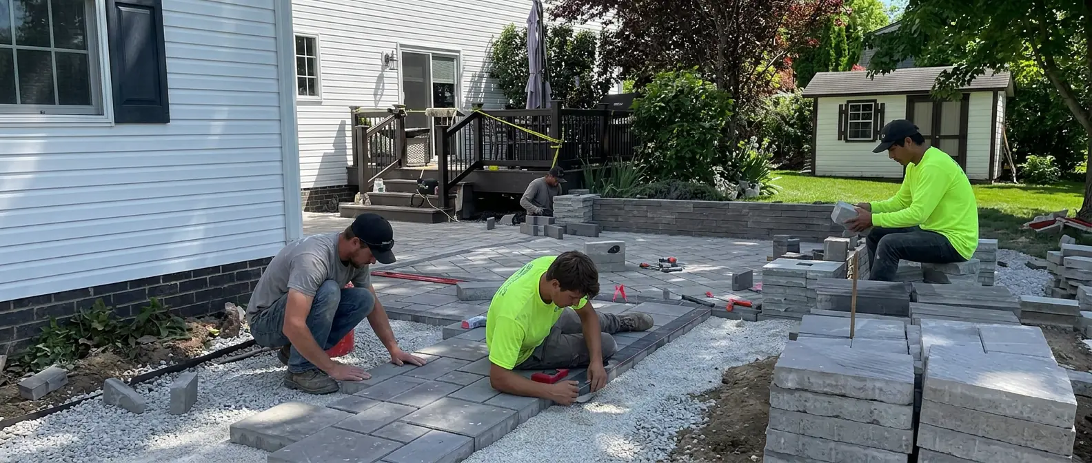 New Era Designs crew installing a paver patio in Akron, OH